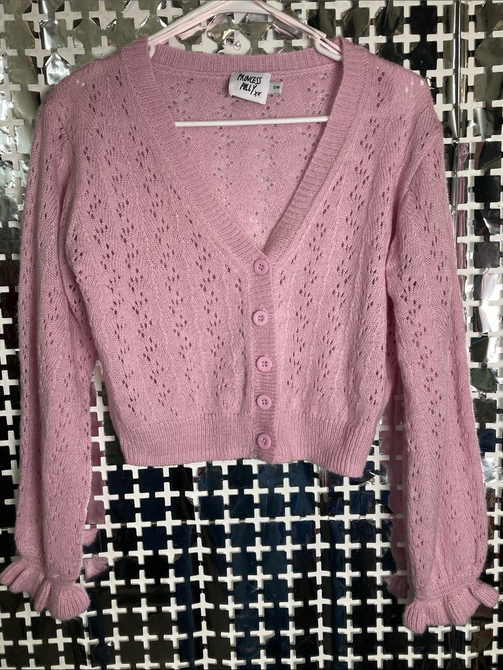 Princess Polly Dusty Pink Pointelle V-Neck Button Crop Cardigan